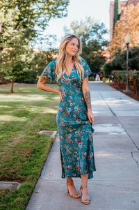 Floral Cap Sleeve Maxi Dress With Slit