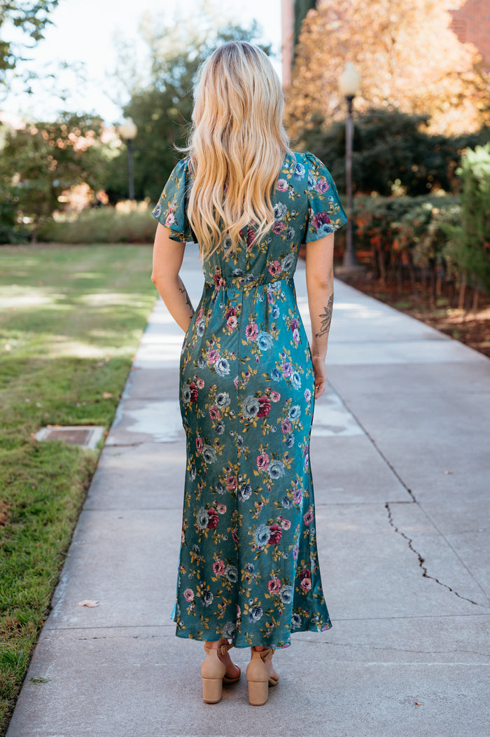 Floral Cap Sleeve Maxi Dress With Slit