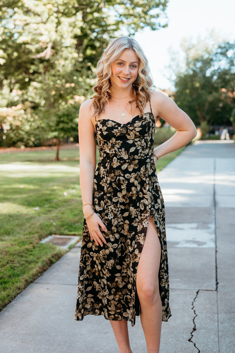 Black Floral Date Night Midi Dress With Slit Black Floral Date Night Midi Dress With Slit