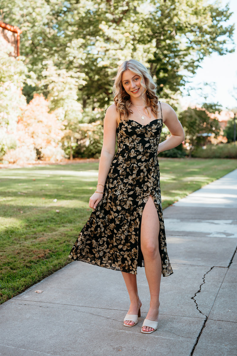 Black Floral Date Night Midi Dress With Slit For Elyse Black Floral Date Night Midi Dress With Slit For Elyse