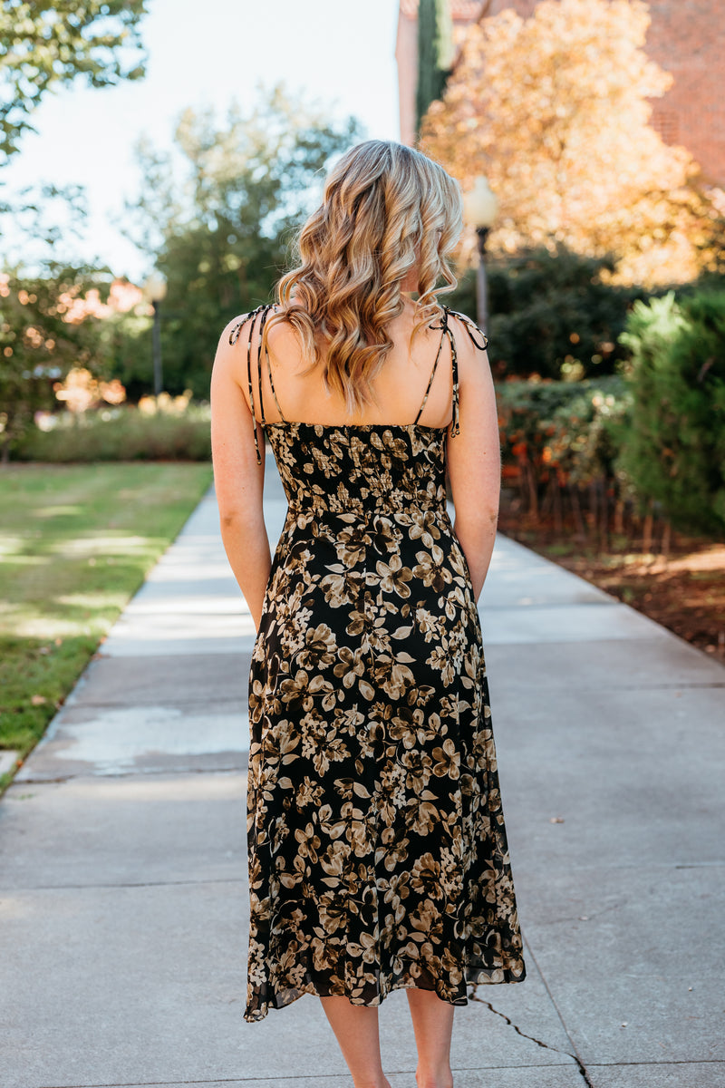 Black Floral Date Night Midi Dress With Slit