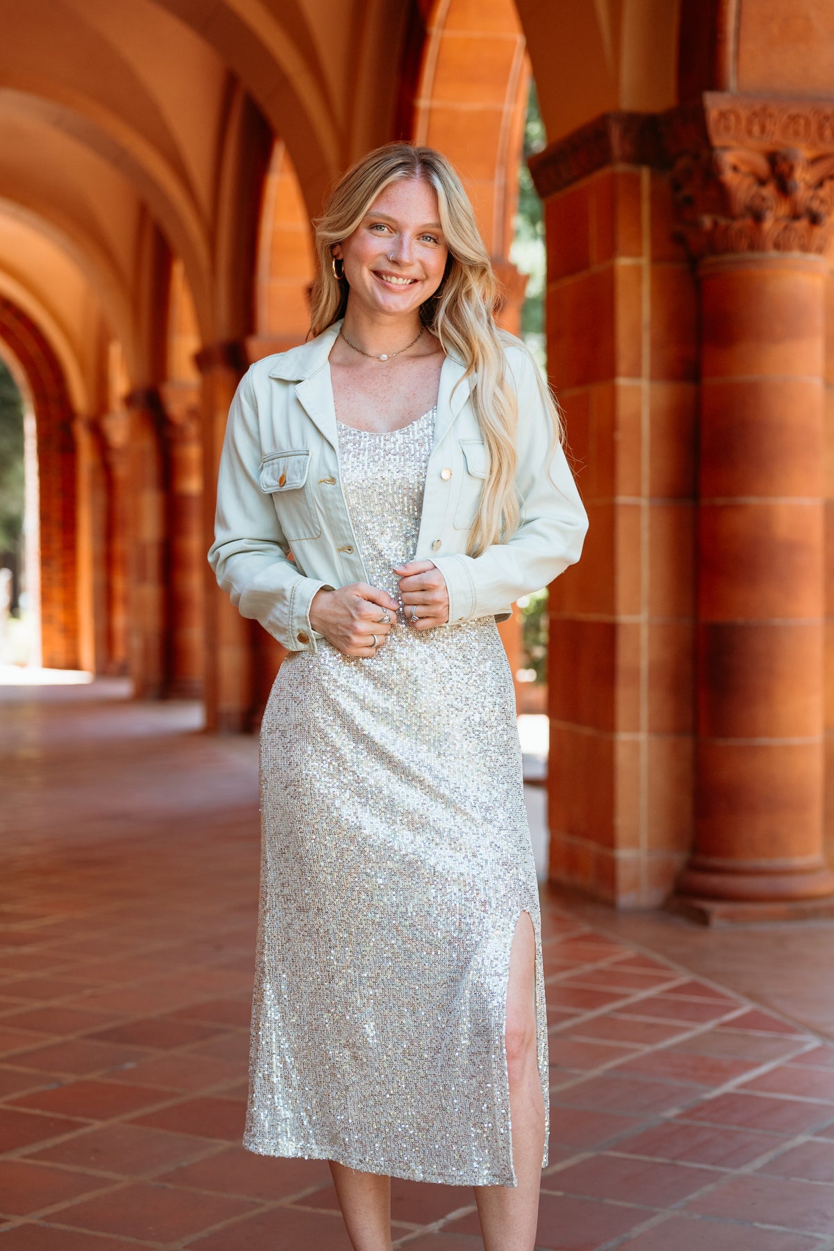 jean jacket with formal dress Formal Outfit With Denim Jacket How To Style A Jean Jacket: Outfit Tips