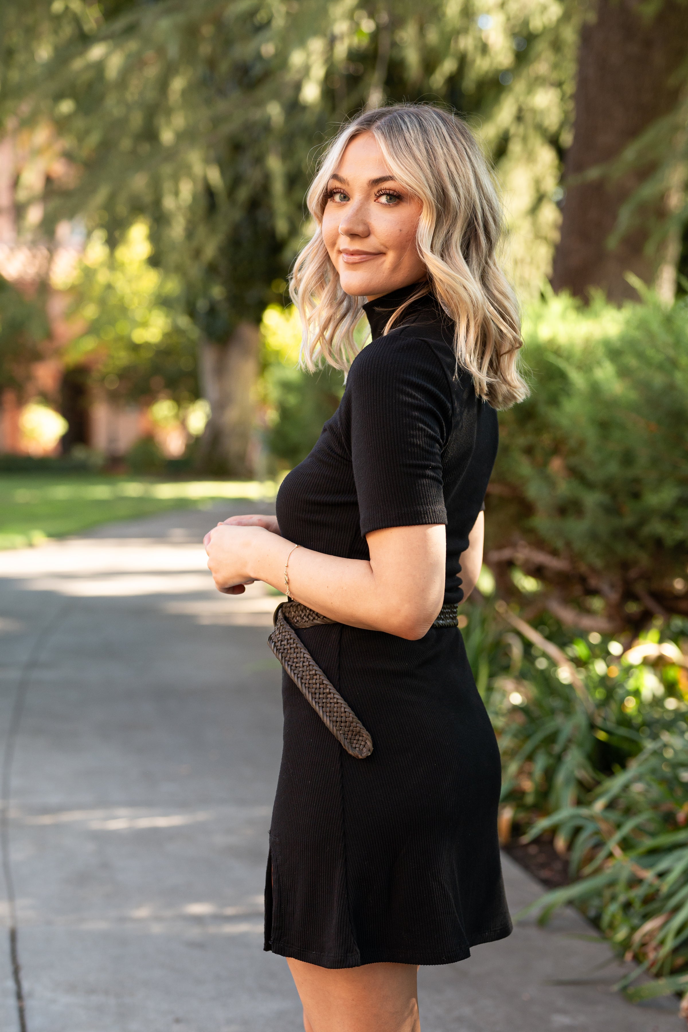 CLEARANCE- Short Sleeve Turtle Neck Knit Mini With Slit – For Elyse