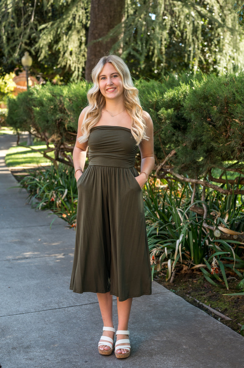 Strapless Ruched Cropped Jumpsuit W/ Pockets