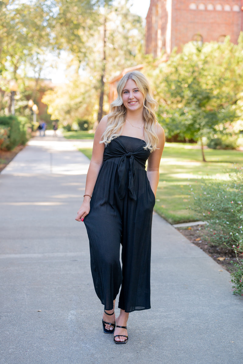 Front Tie Tank Jumpsuit With Back Smocked Detail