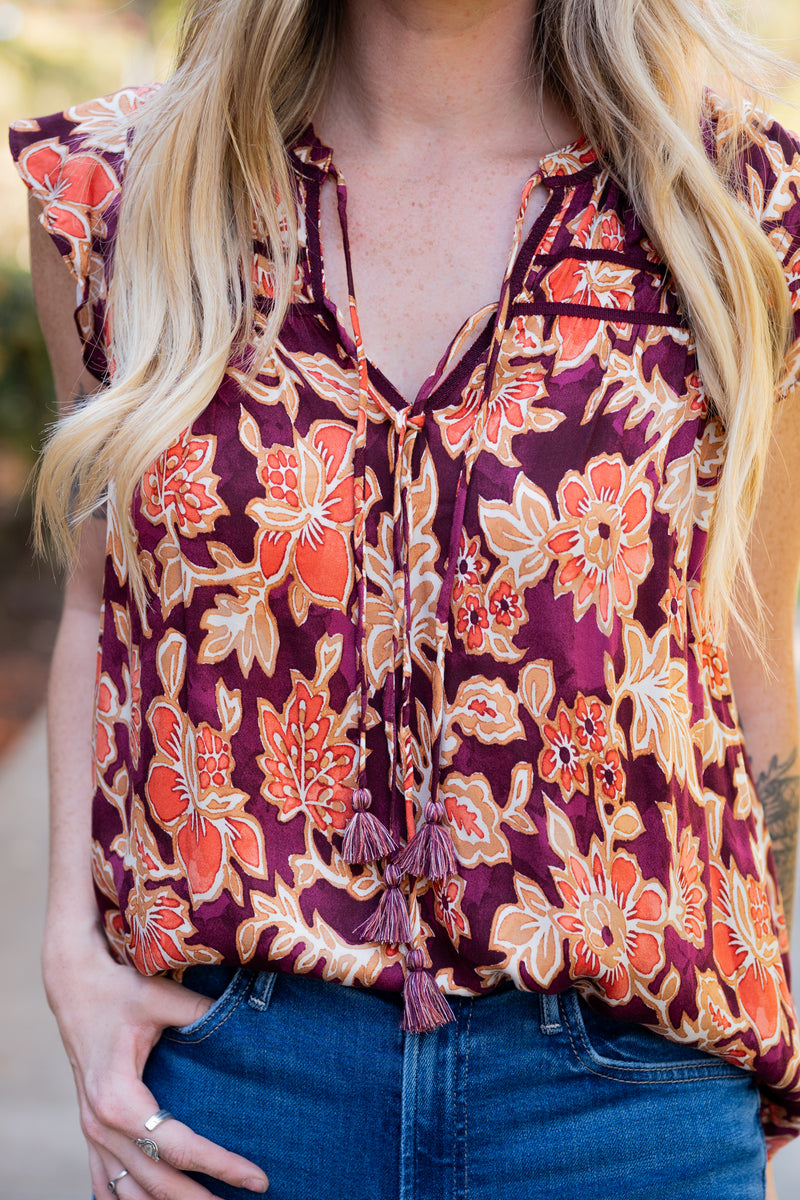 Harvest Flutter Sleeve Top With Neck Ties