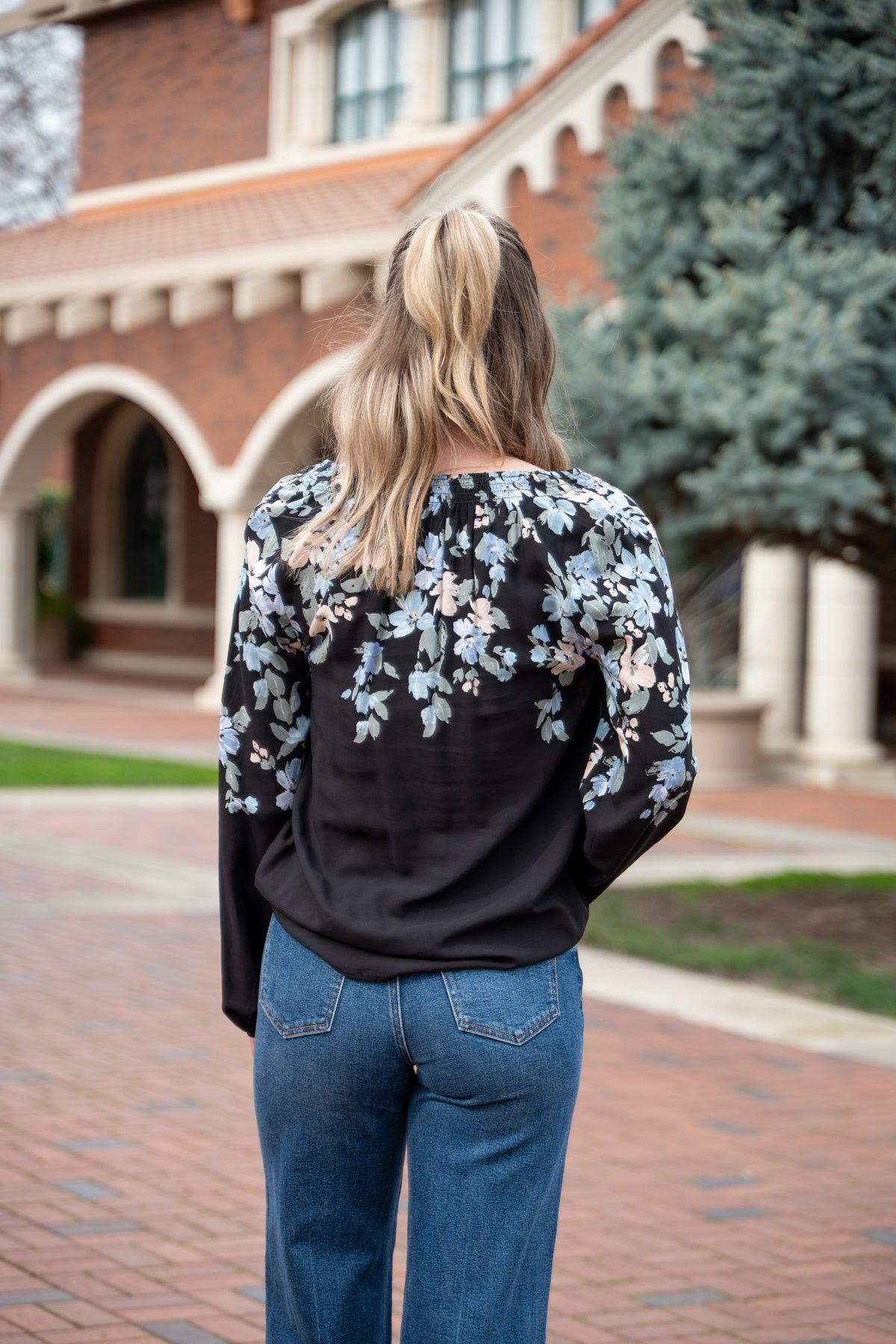 Pastel Falling Flowers Smocked V-Neck Blouse