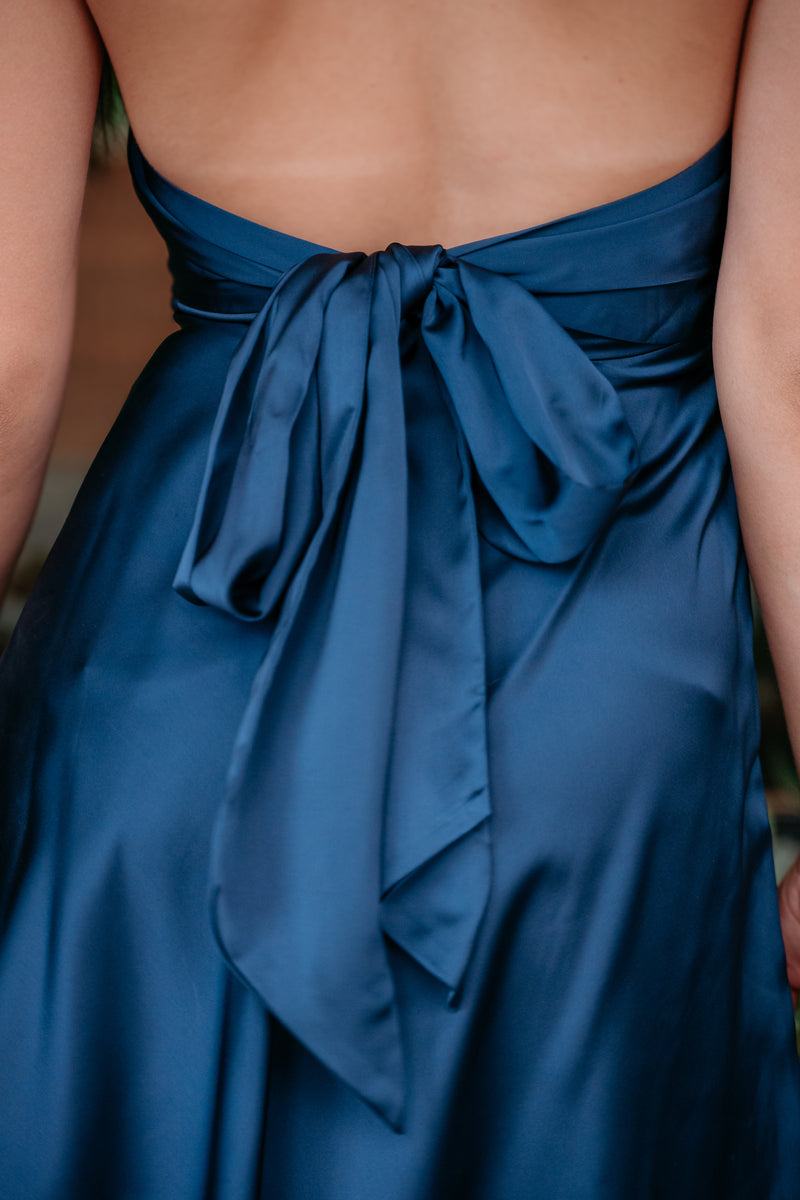 blue silk mini dress Mielle Halter Silk Mini Dress – For Elyse
