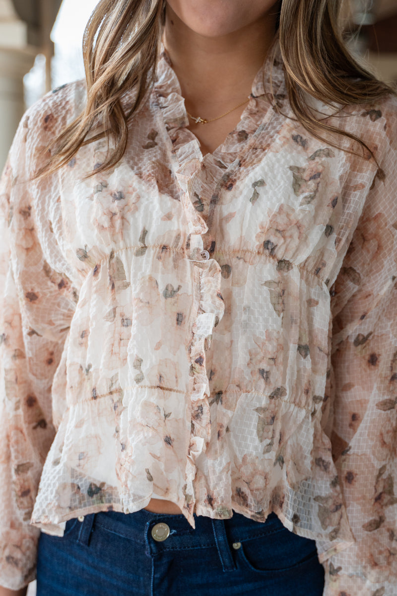 Spring Floral Ruffle Long Sleeve Blouse