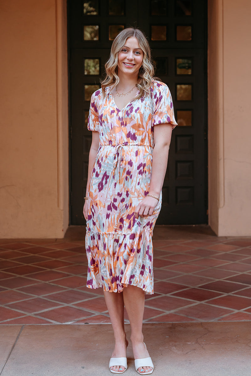 Short Puff Sleeve Drawstring Waist Tiered Midi Dress Short Puff Sleeve Drawstring Waist Tiered Midi Dress