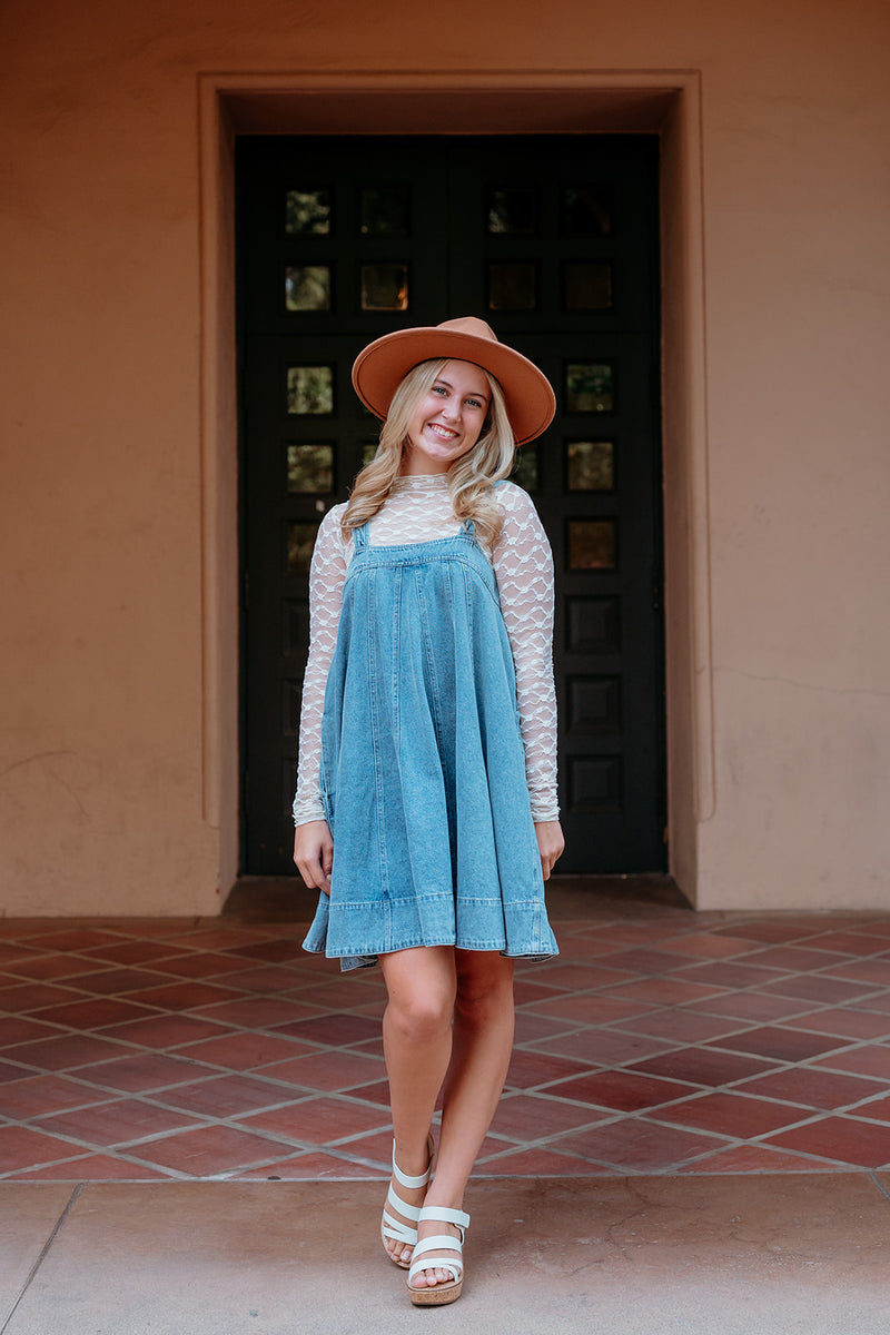 Square Neck Denim Flare Dress W/ Pockets