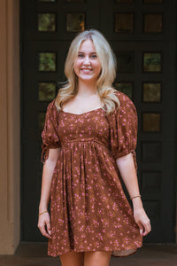 Pecan Floral Puff Sleeve Mini Dress