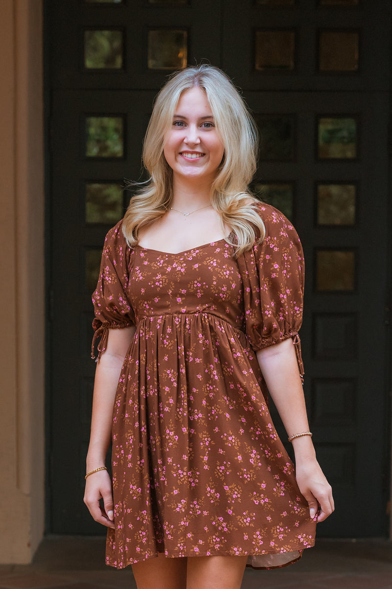 Pecan Floral Puff Sleeve Mini Dress