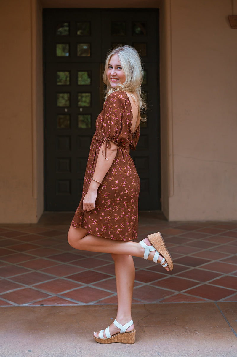 brown puff sleeve mini dress Bardot corset detail puff sleeve mini dress in chocolate brown