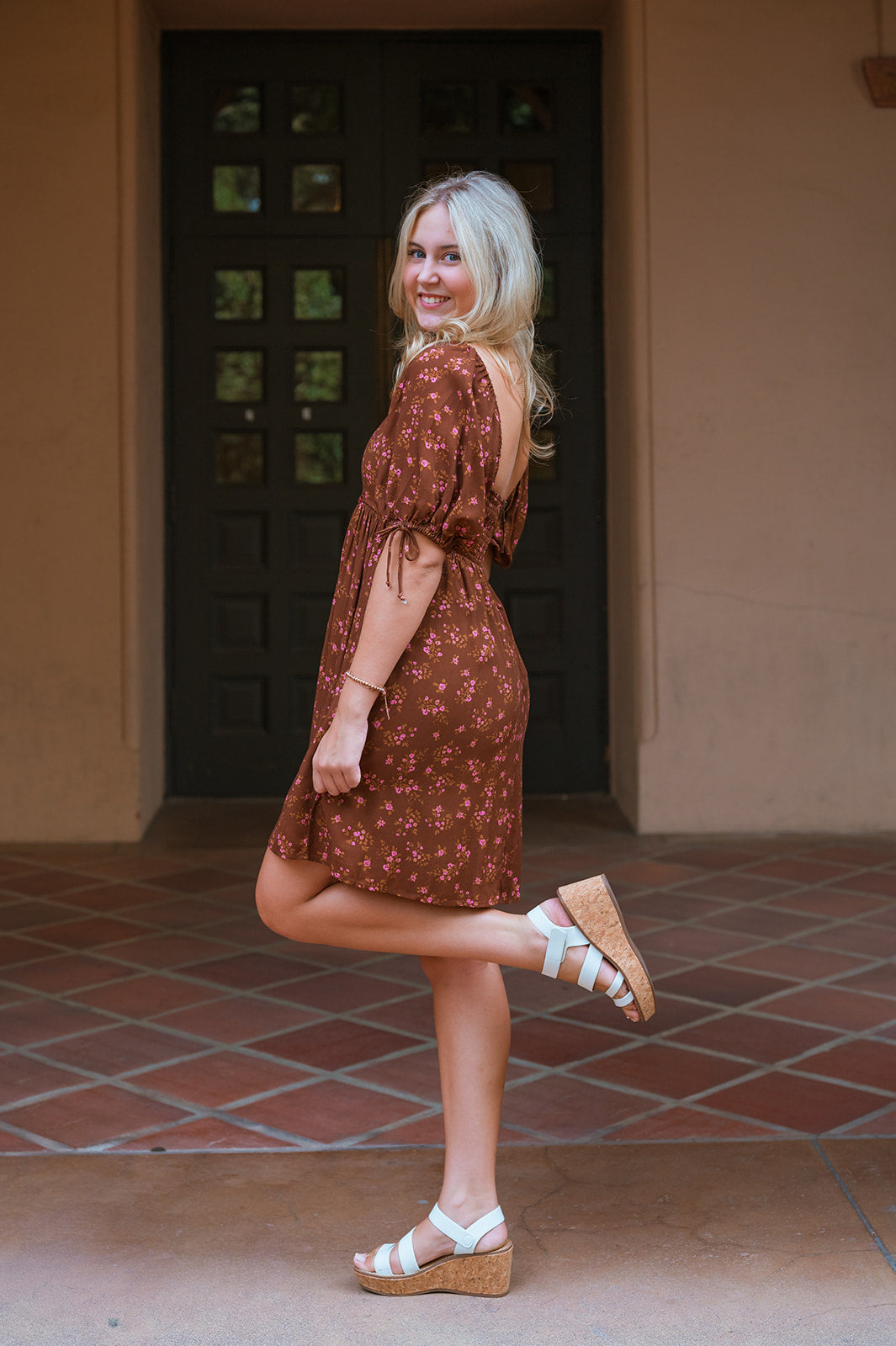 Pecan Floral Puff Sleeve Mini Dress