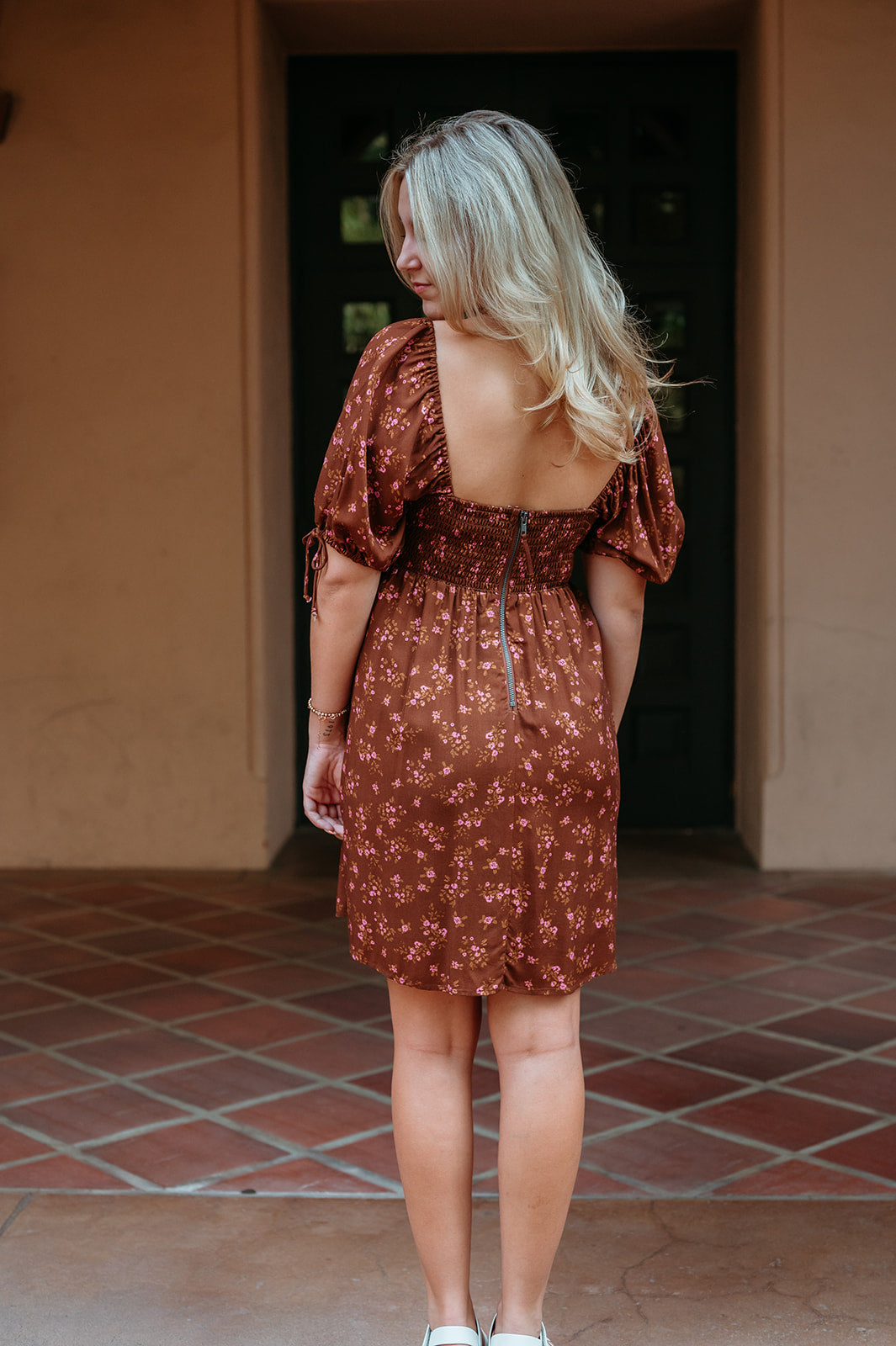 Pecan Floral Puff Sleeve Mini Dress