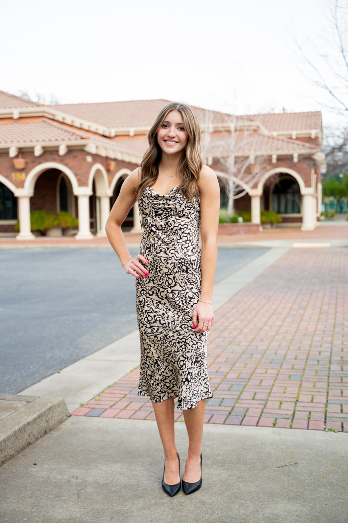 Cowl Neck Criss Cross Back Midi Dress
