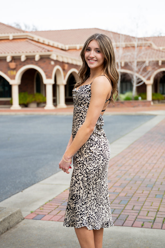 Cowl Neck Criss Cross Back Midi Dress