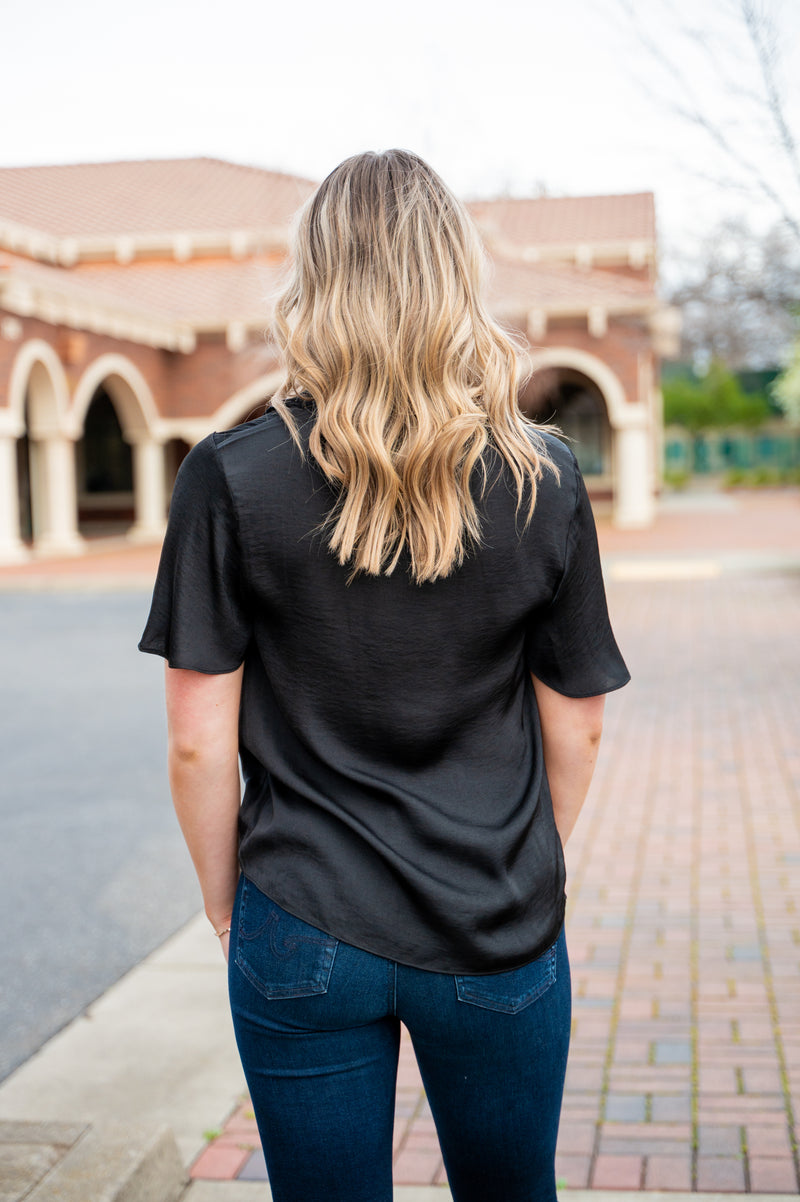 Boxy Satin Blouse W/ Flirty Sleeves