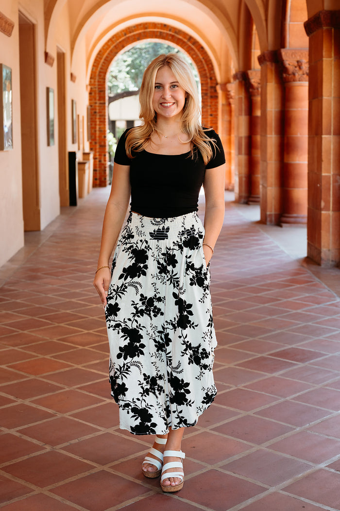 Round Hem Midi Skirt W/ Smocked Waistband