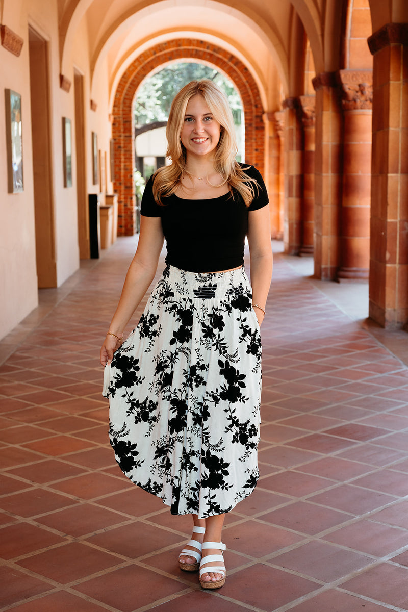 Round Hem Midi Skirt W/ Smocked Waistband