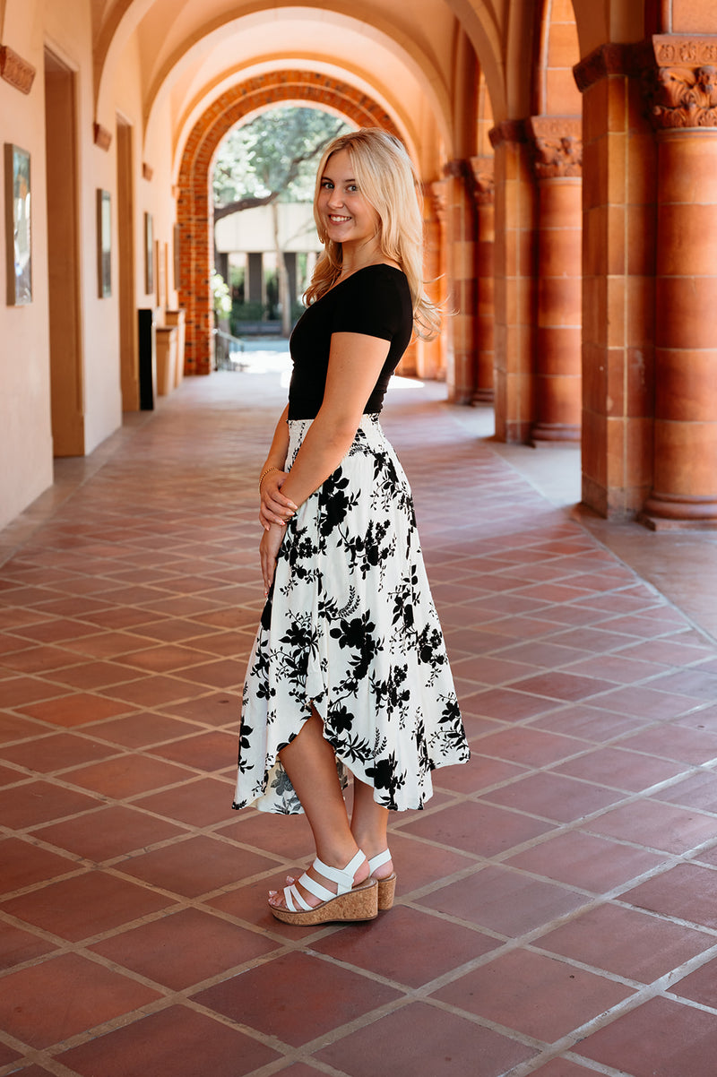 Round Hem Midi Skirt W/ Smocked Waistband