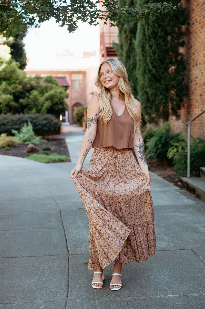 Rustic Floral Tiered Maxi Skirt W/ Tie Waist