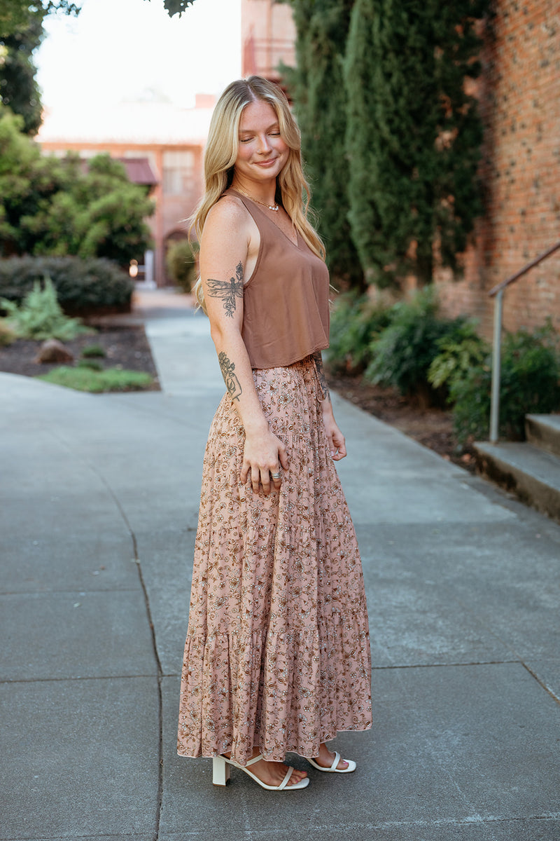 Rustic Floral Tiered Maxi Skirt W/ Tie Waist