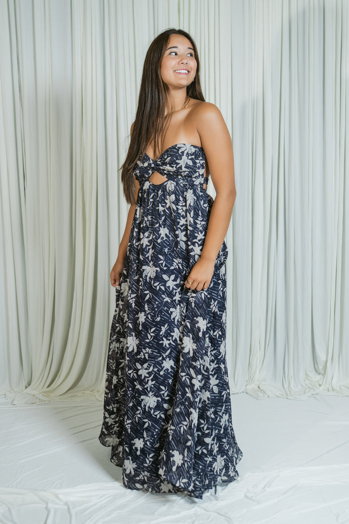 Artisan Bloom Strapless Key Hole Maxi Dress