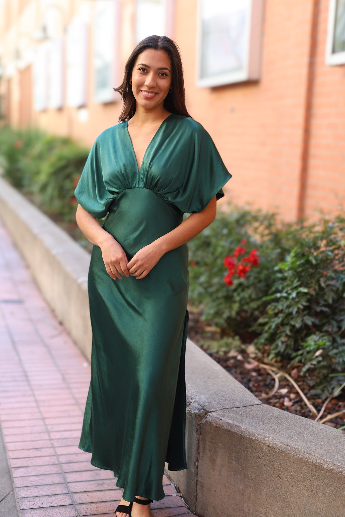 Flouncy Sleeve Maxi Dress w/ Side Slit & Underbust Seam Dark Emerald / Small Flouncy Sleeve Maxi Dress w/ Side Slit & Underbust Seam Dark Emerald / Small