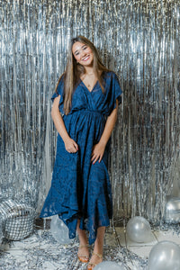 Navy Nights Jacquard Handkerchief Hem Midi Dress