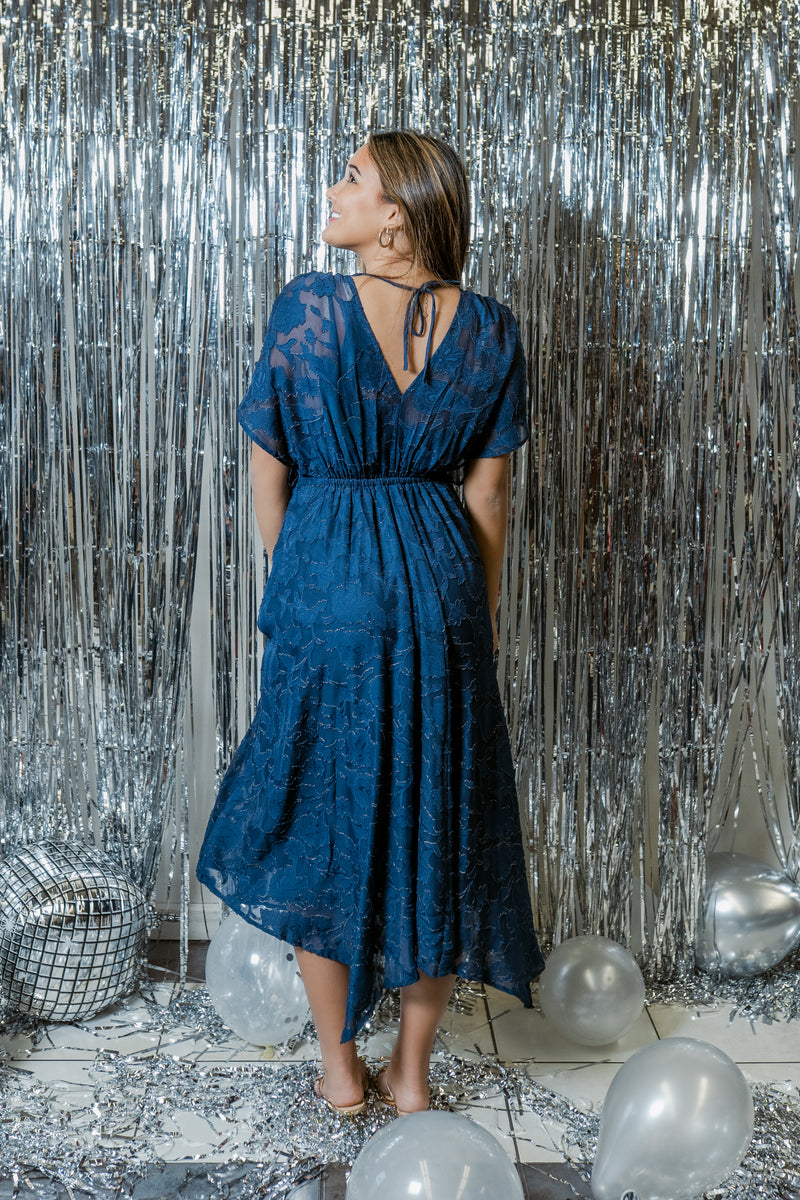 Navy Nights Jacquard Handkerchief Hem Midi Dress Navy / Small