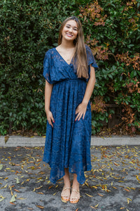 Navy Nights Jacquard Handkerchief Hem Midi Dress