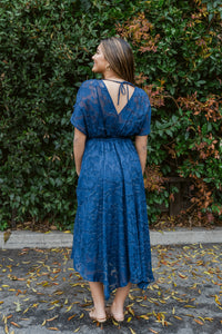 Navy Nights Jacquard Handkerchief Hem Midi Dress
