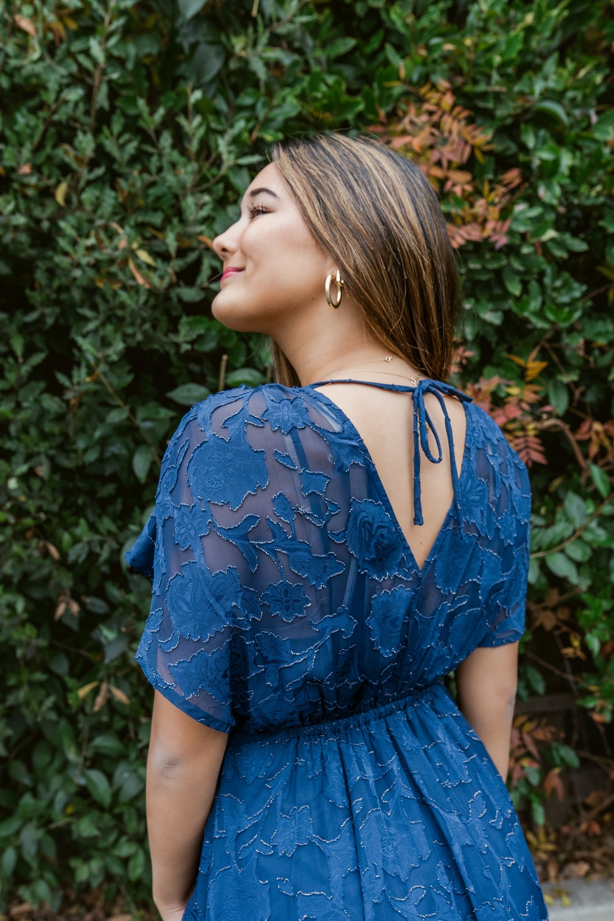 Navy Nights Jacquard Handkerchief Hem Midi Dress