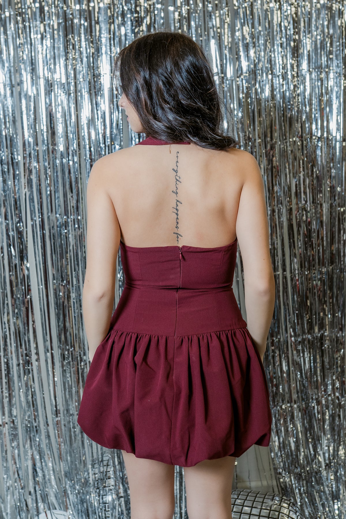Boxley Bubble Hem Halter Drop Waist Mini Dress Burgundy / Large Boxley Bubble Hem Halter Drop Waist Mini Dress Burgundy / Large