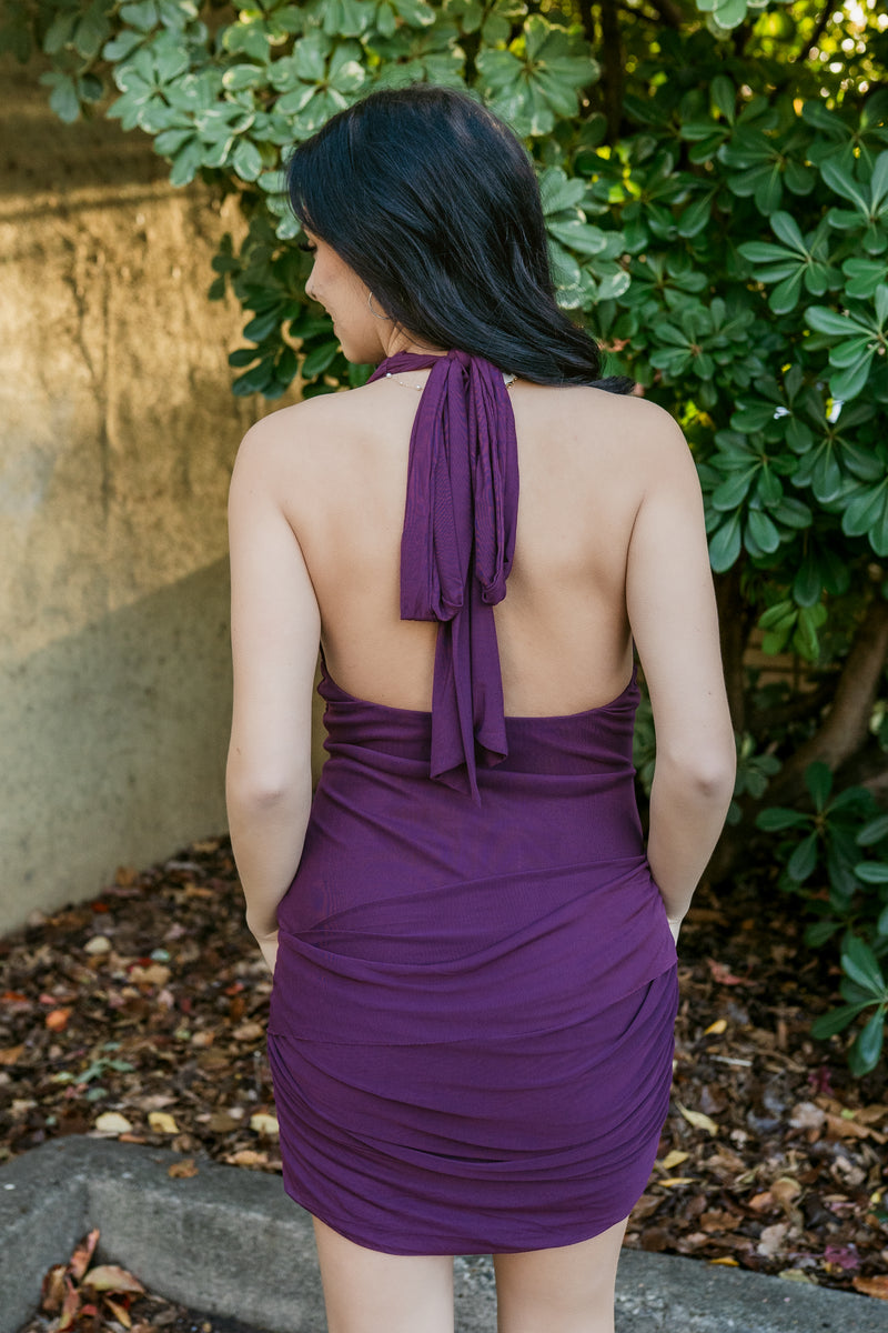 amara halter dress Ruched Mini – For Elyse Thistle Liridona - Burgundy Velvet Turn heads effortlessly in Color:Red With Off White
