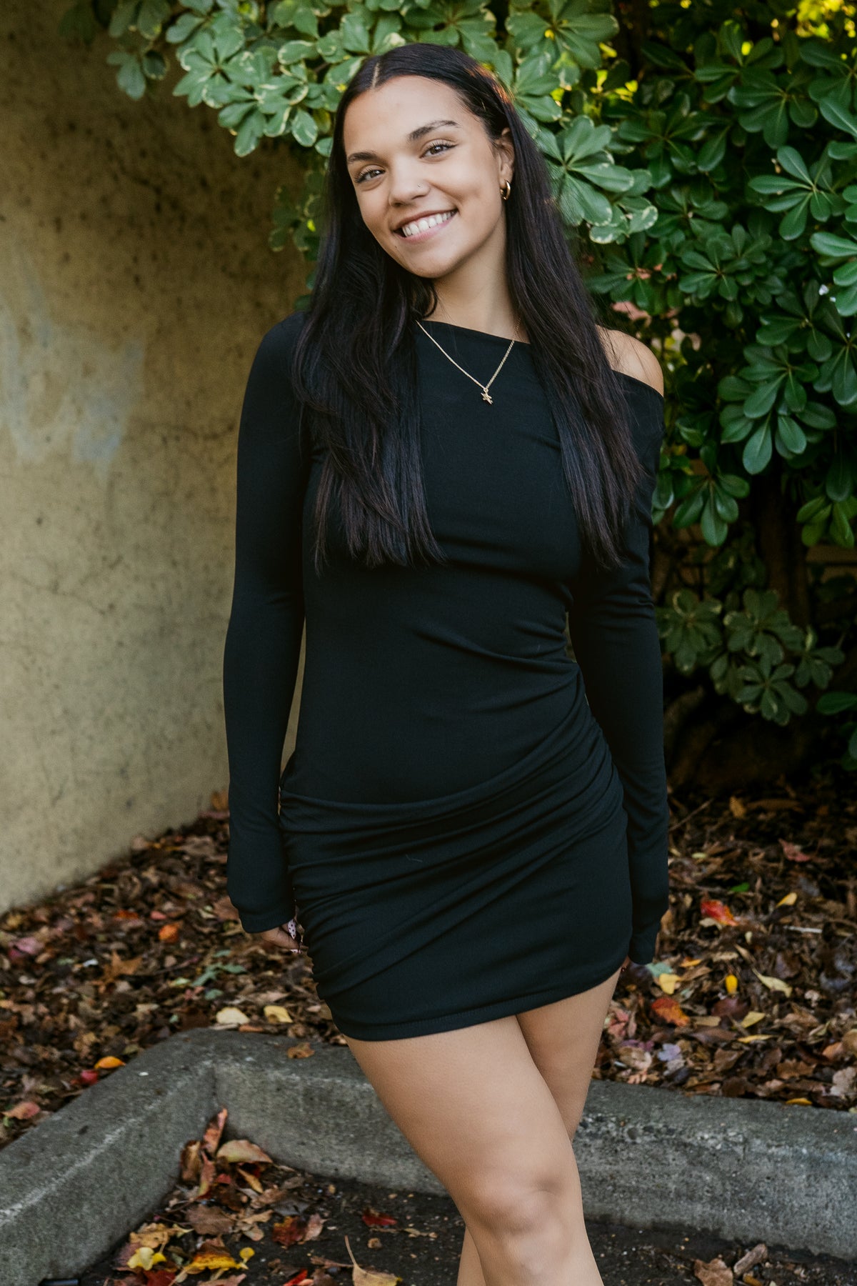 The Nightcap Boat Neck Long Sleeve Ruched Mini Dress