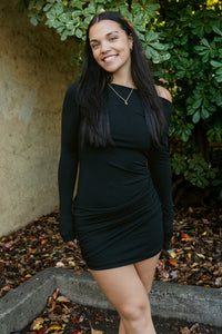 The Nightcap Boat Neck Long Sleeve Ruched Mini Dress