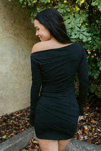 The Nightcap Boat Neck Long Sleeve Ruched Mini Dress