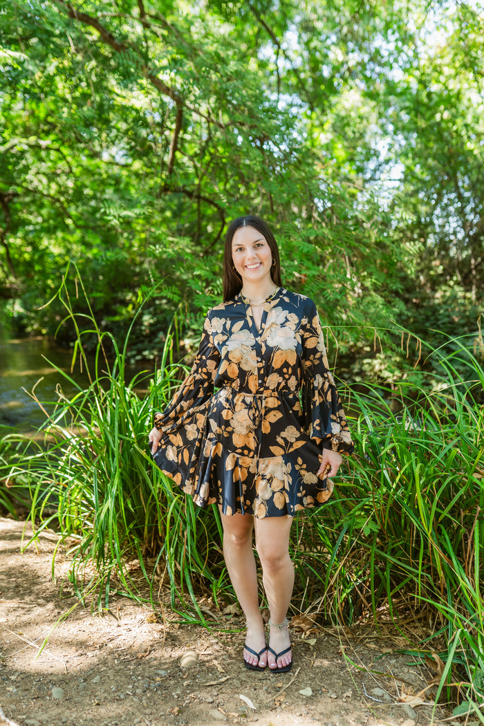 Gilded Garden Button Down Mini Dress W/ Tie Waist