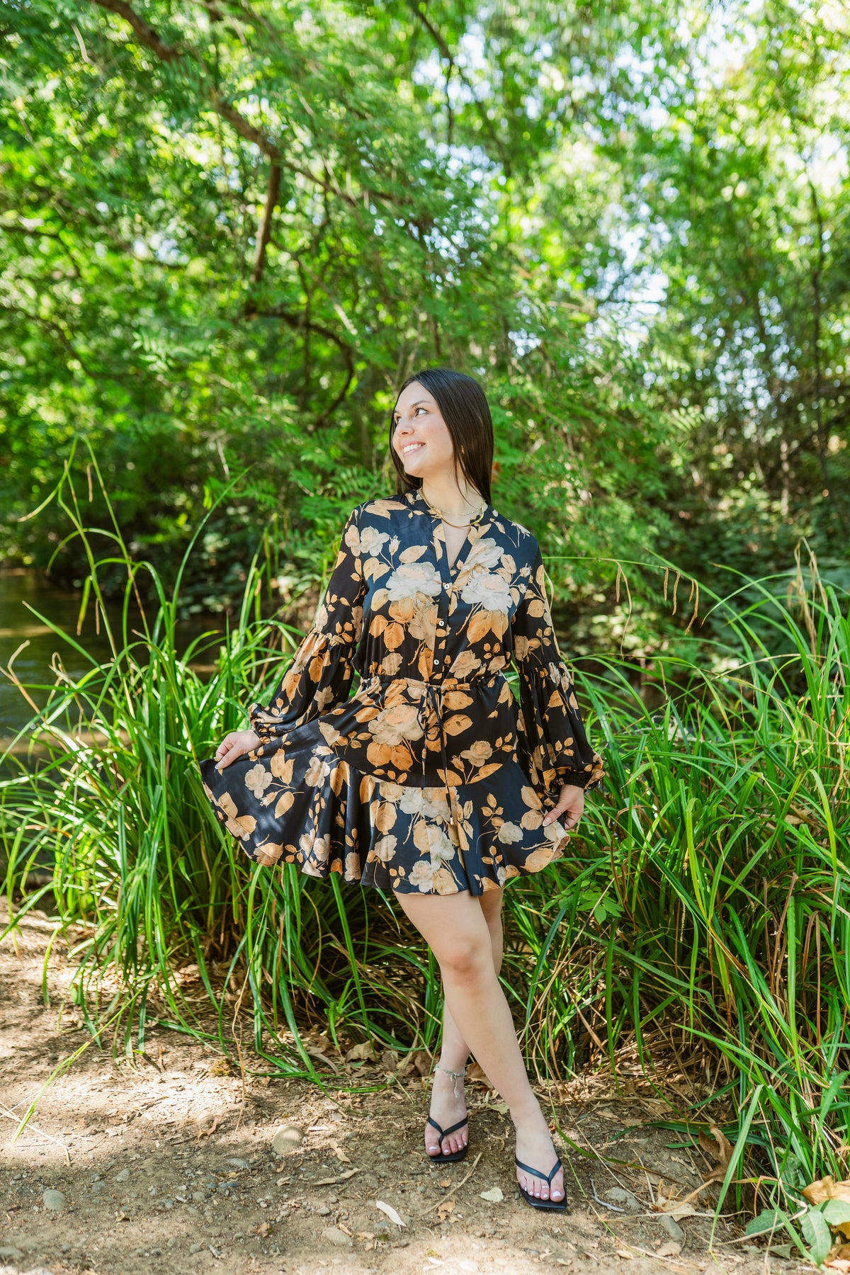 Gilded Garden Button Down Mini Dress W/ Tie Waist