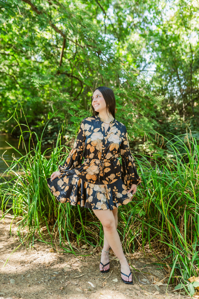 Gilded Garden Button Down Mini Dress W/ Tie Waist