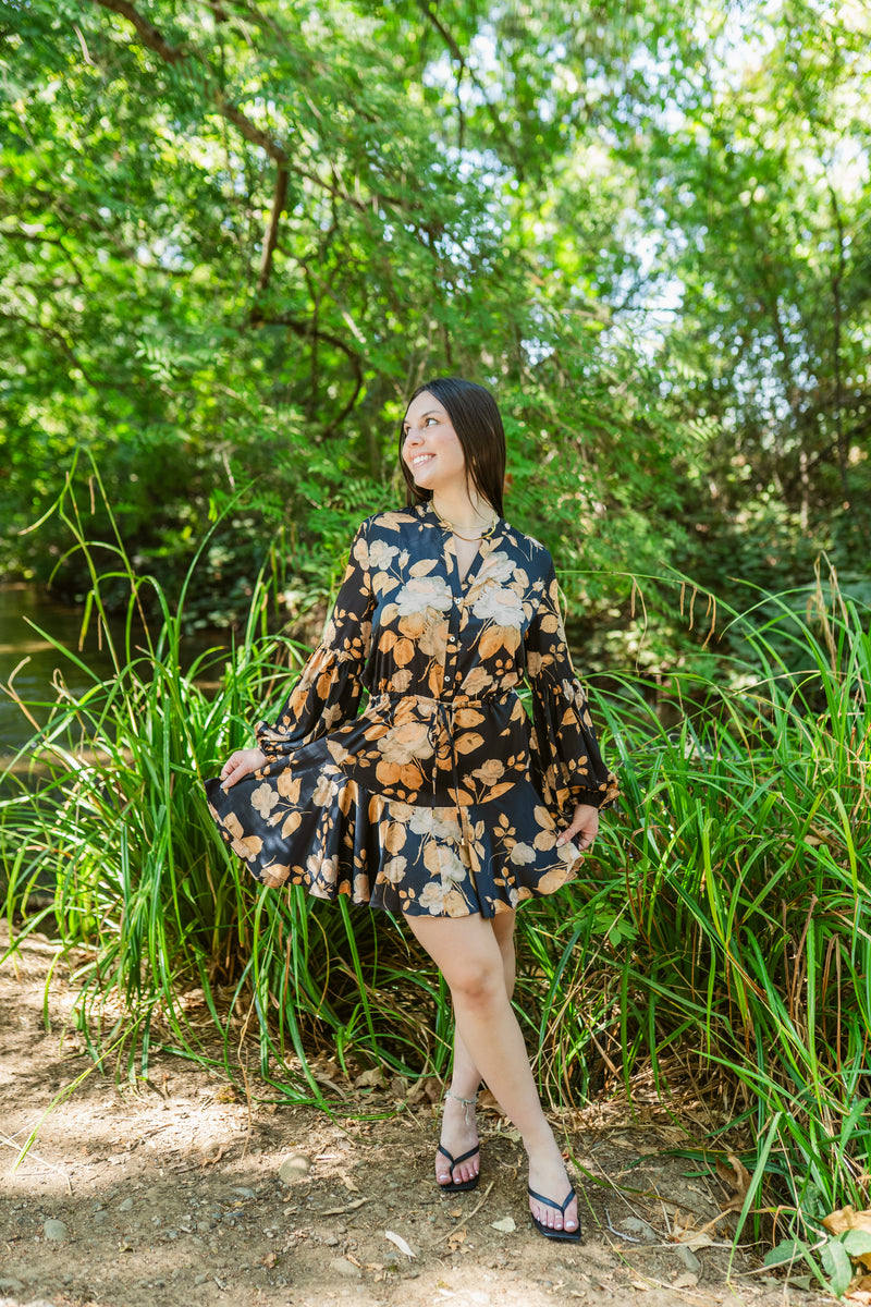 Gilded Garden Button Down Mini Dress W/ Tie Waist