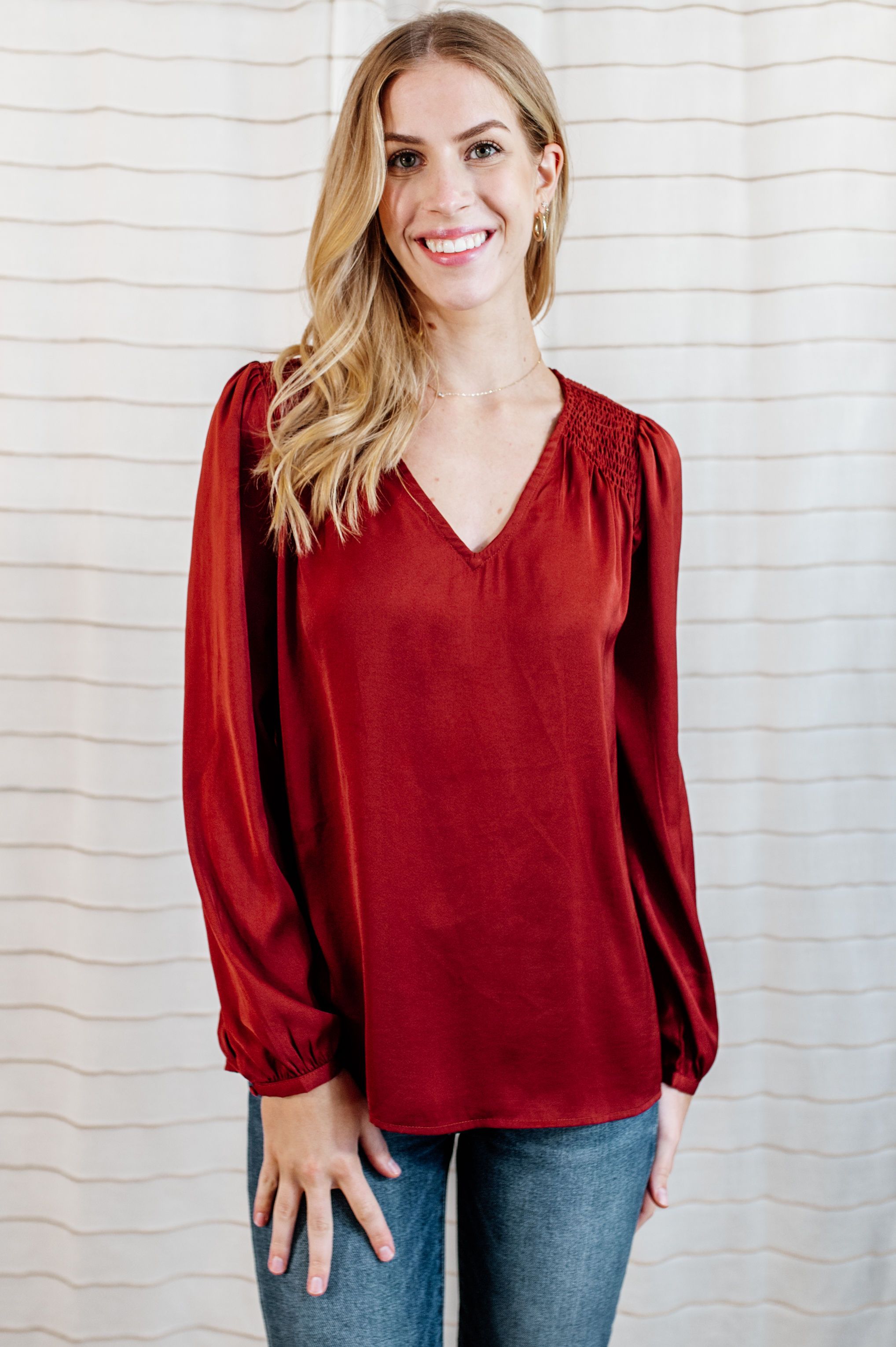 Red flowy blouse online