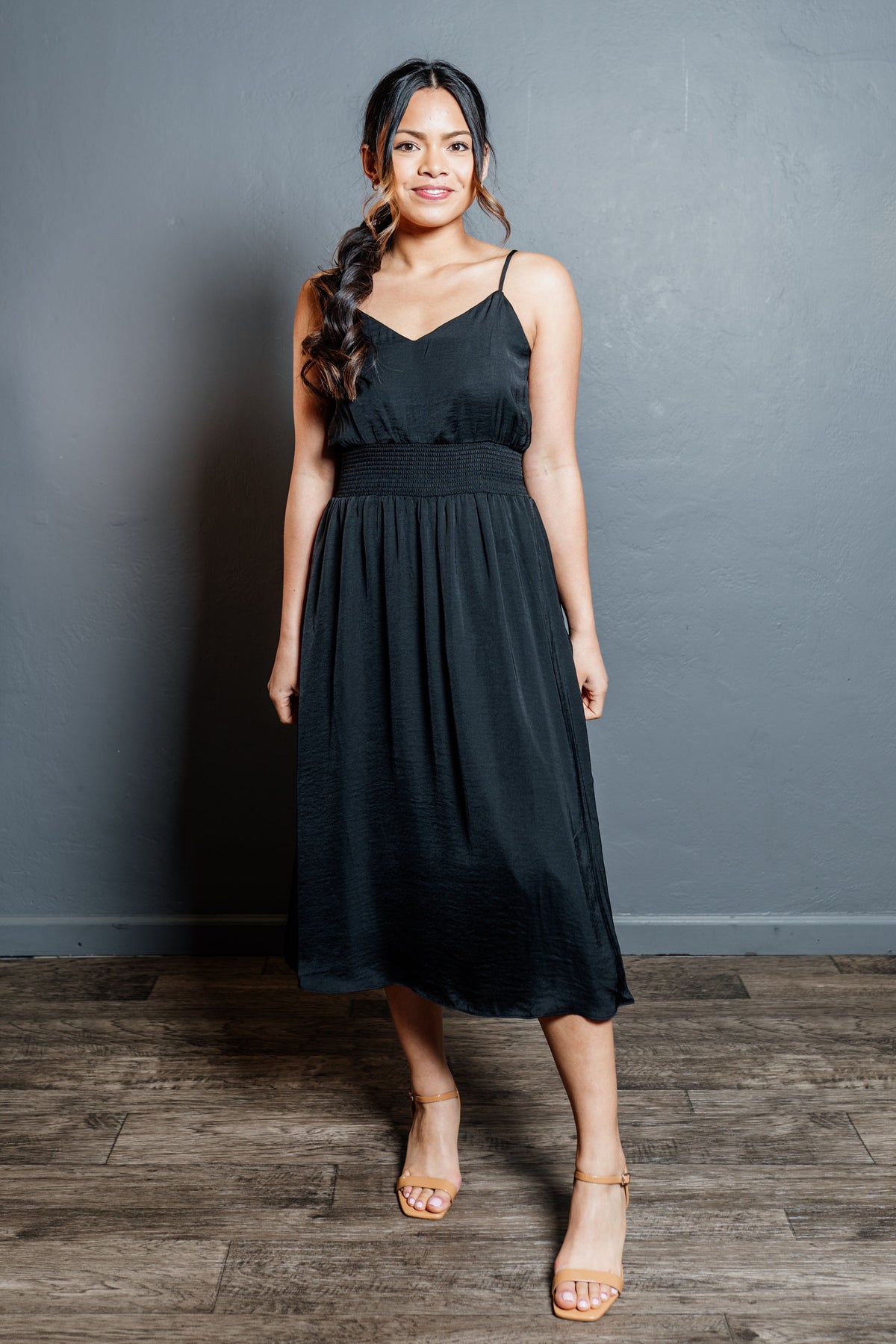 Strappy Smocking Waist Midi Flare Dress Strappy Smocking Waist Midi Flare Dress