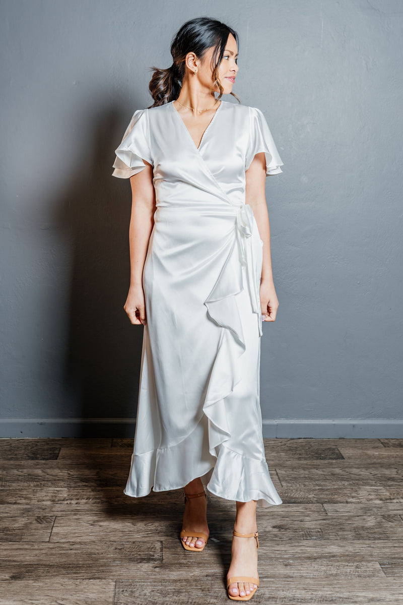 CLEARANCE- Ruffle Midi Wrap Dress For Elyse CLEARANCE- Ruffle Midi Wrap Dress For Elyse