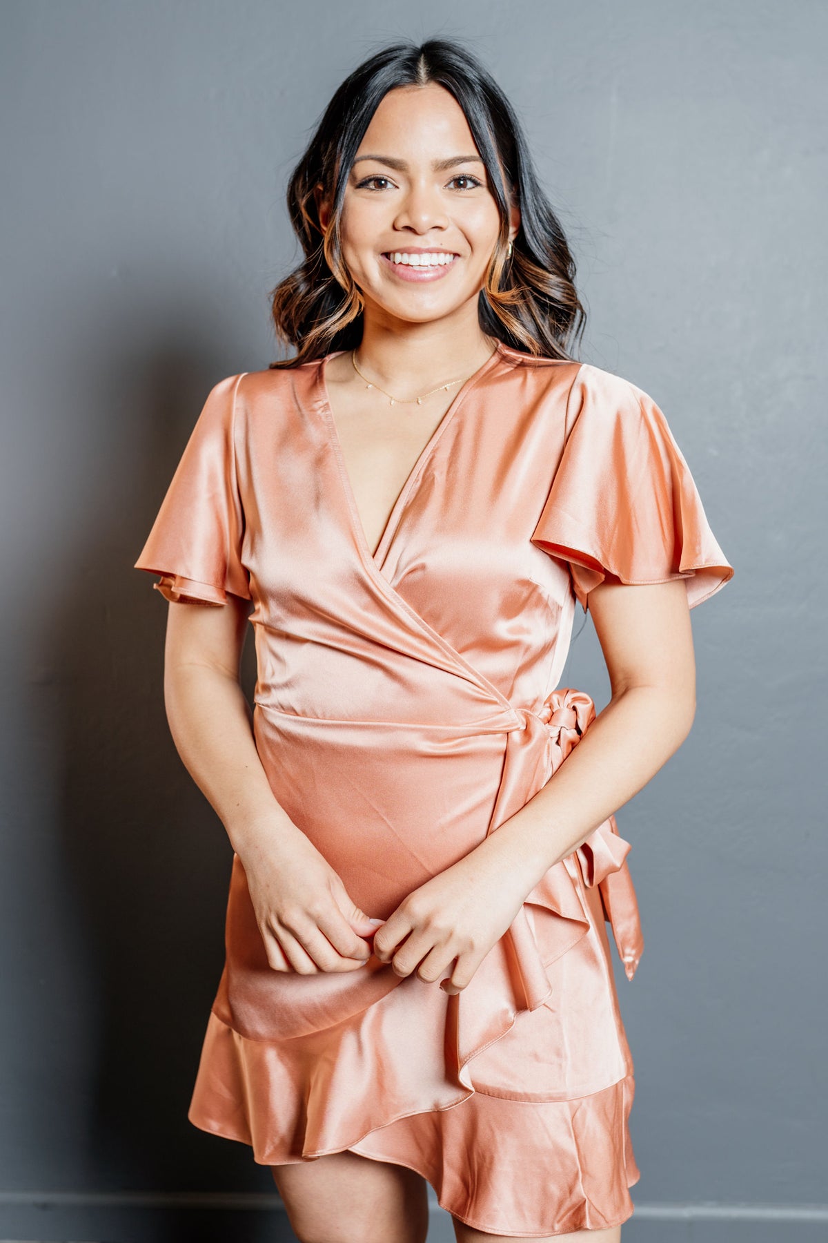 silk ruffle wrap dress Satin Ruffled Midi Wrap Dress